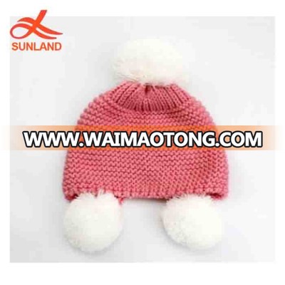 4284 new pink color three white pom pom handmade knitted hat children cotton baby crochet hat for kids