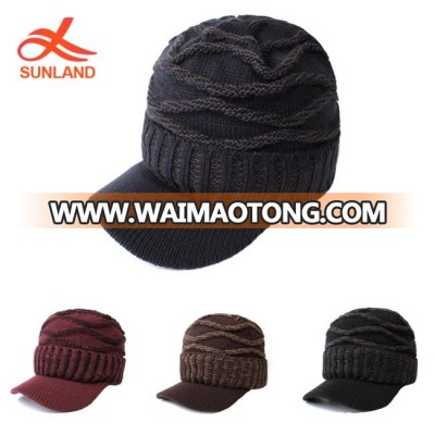 W2587 Warm Cable Ribbed Knit Beanie Hat Visor Brim Chunky Winter Skully Cap