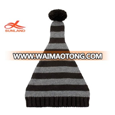 W2567 Elf Top Pompom Knit Hat Pattern Baby Newborn Unisex Cotton Striped Knitted Hat