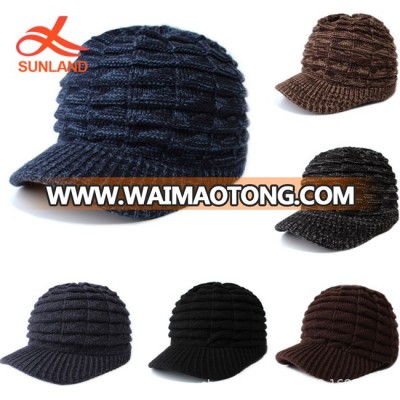 W2585  Cap with Visor Winter Warm Thick Knit Beanie Men's Outdoor Newsboy Hat