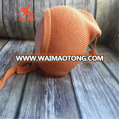 W2554 knitted kids wool hat with drawstrings Organic cotton baby knit hat