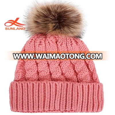 W2566 Fur Pom Pom Knit Hat Pattern Women's Winter Soft Knitted Beanie