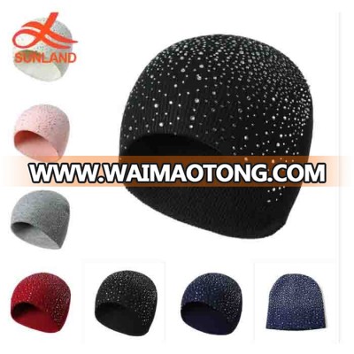 4276 new winter autumn soft knitting skull beanies wholesale female cotton cap hat  with rhinestone