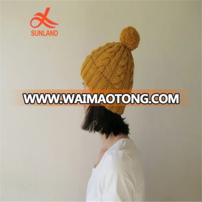 W2562 Womens Pom Pom Yellow Hand Knit Beanie with Folded Brim Cable Knit Hat in Saffron