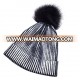 2018 Hot Sale Cable Knit Black Fur Pompom Hat Gold and Silver Metallic Warm Beanie Hats for Women