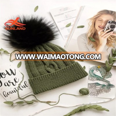 W2555 Fur pompom knitted hat Winter Khaki knit hat